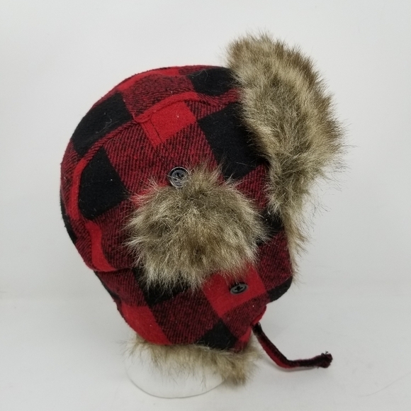 Vintage Crown Co Trapper Hat Faux Fur Plaid Red Black Wool Blend Quilt Lining - Picture 4 of 11